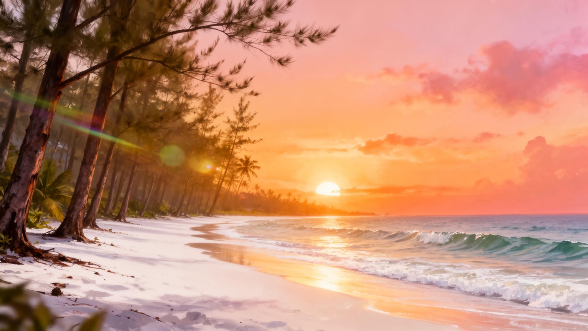 Tropical pine-lined beach at sunset